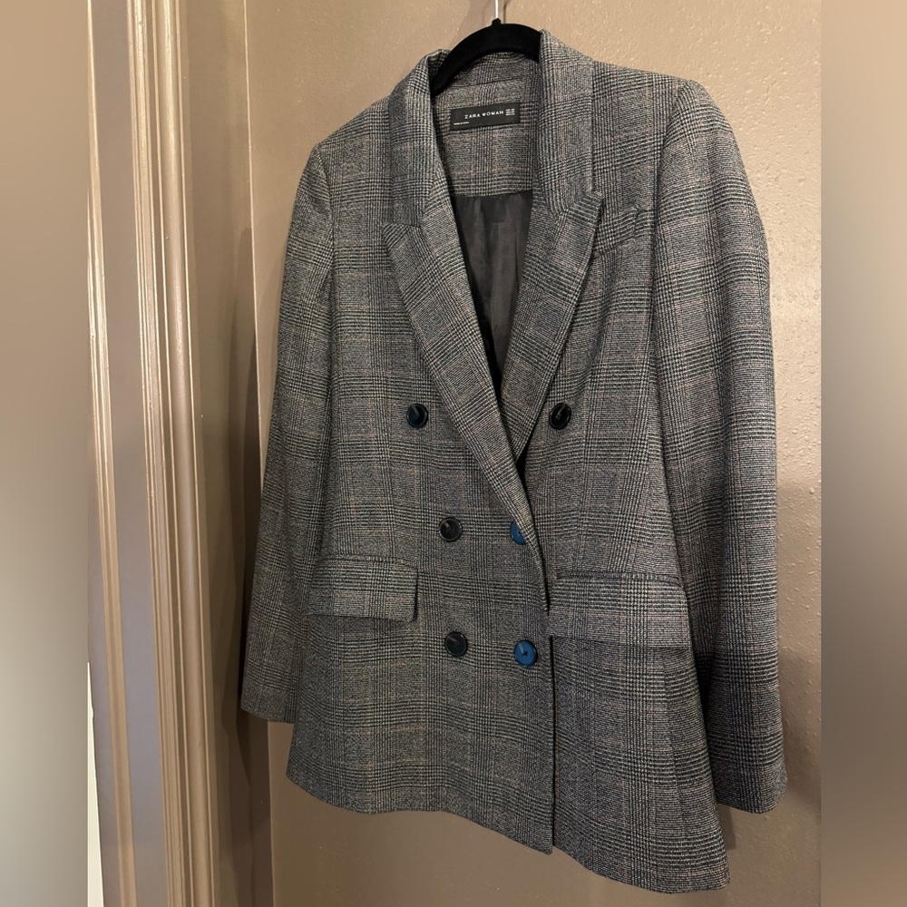 Zara Gray Plaid Double-Breasted Blazer